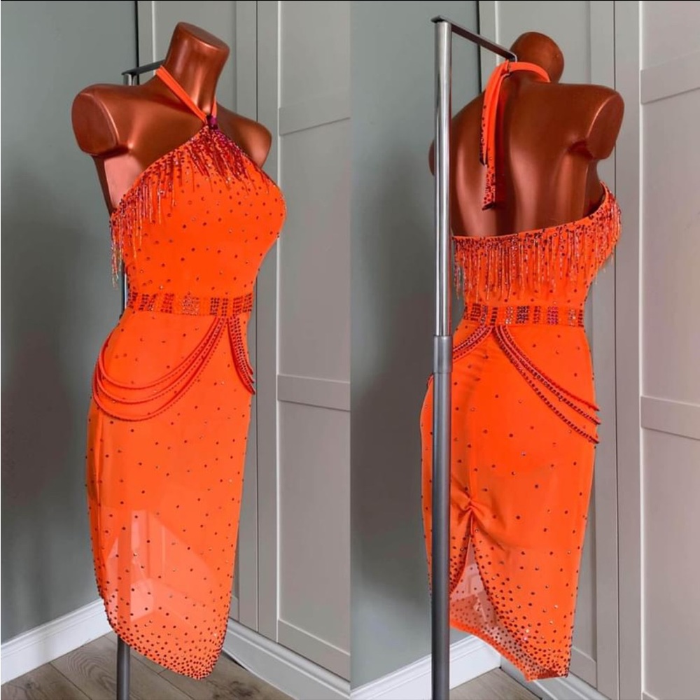 Paula George Orange Latin Dress Competitive Stoned Mesh Dress M/L
